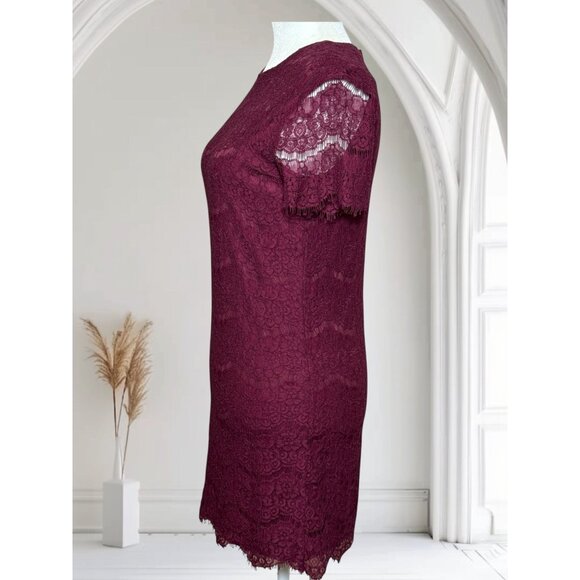 Lulus XS Remarkable Burgundy Lace Short Sleeve Sheath Dress With Floral Pattern - Picture 6 of 9